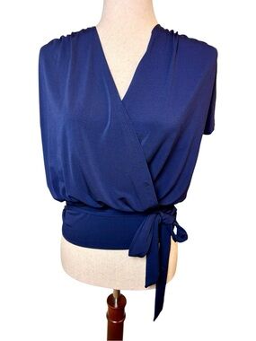 Violets & Roses Navy Blue Wrap Tie Waist Blouse Minimalist Career Medium